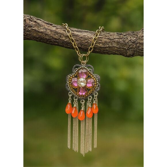 Women's Multicolor Rhinestone Fringed Teardrop Dangle Large Statement Necklace P - Picture 1 of 4